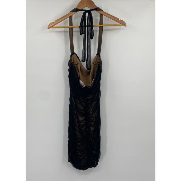 Lucy in the Sky Ruched Bodycon Halter Mini Dress Mesh Sheer Black Over Gold M - Picture 4 of 7